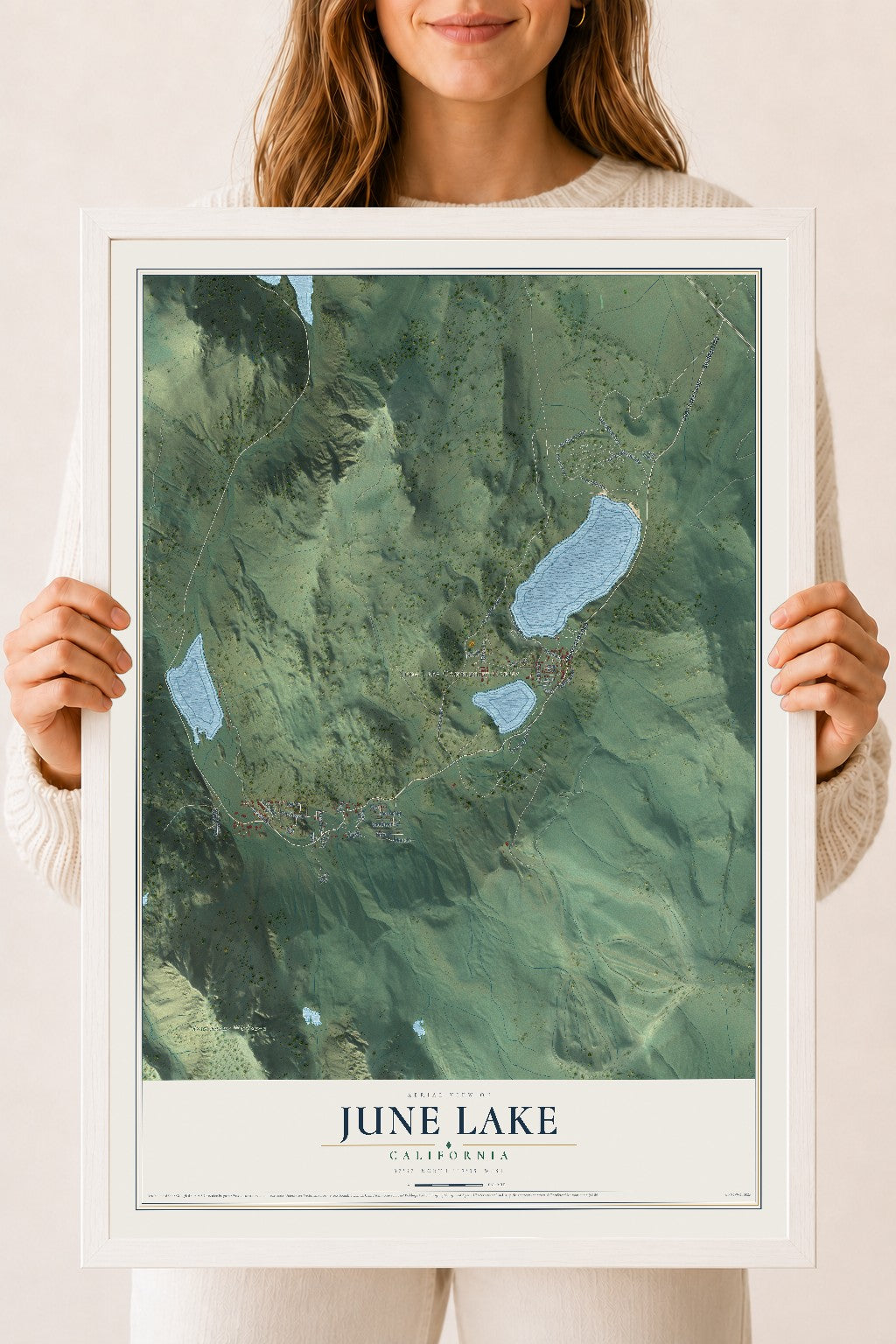 Map of June Lake, California, 18 x 24 inch print in a white wood frame