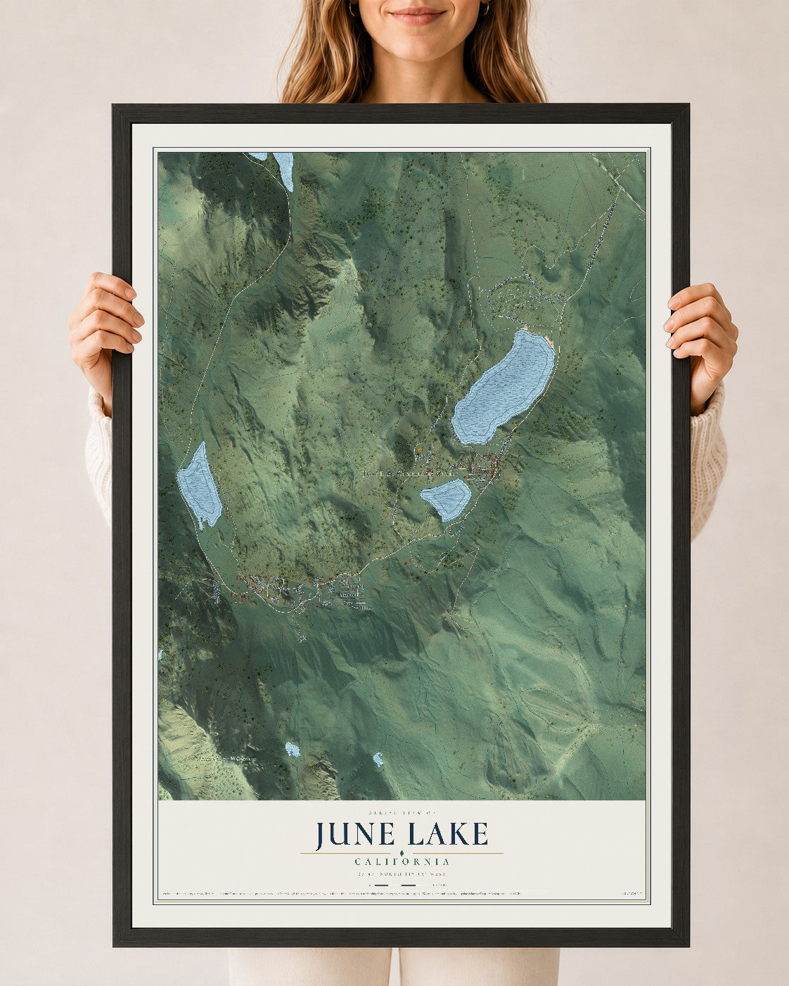 Map of June Lake, California, 24 x 36 inch print in a black wood frame