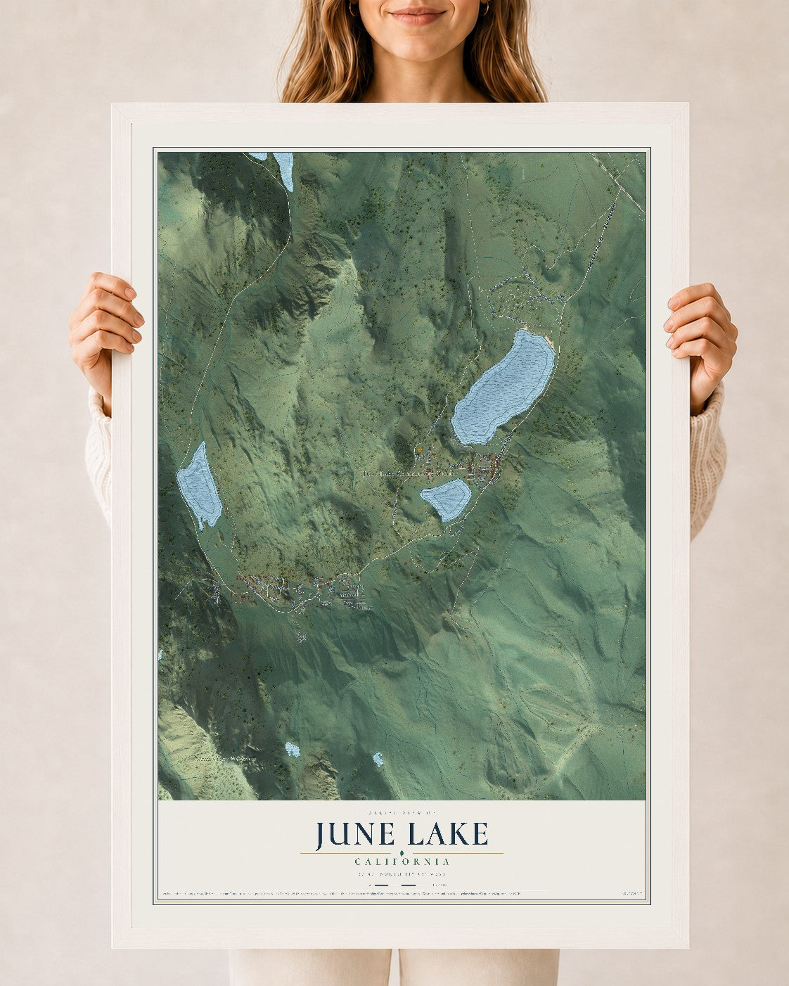 Map of June Lake, California, 24 x 36 inch print in a white wood frame