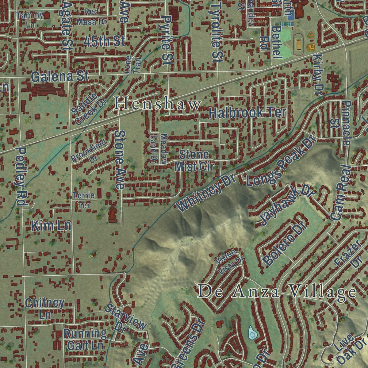 Close-up of the map of Jurupa Valley, California print showing street and building detail