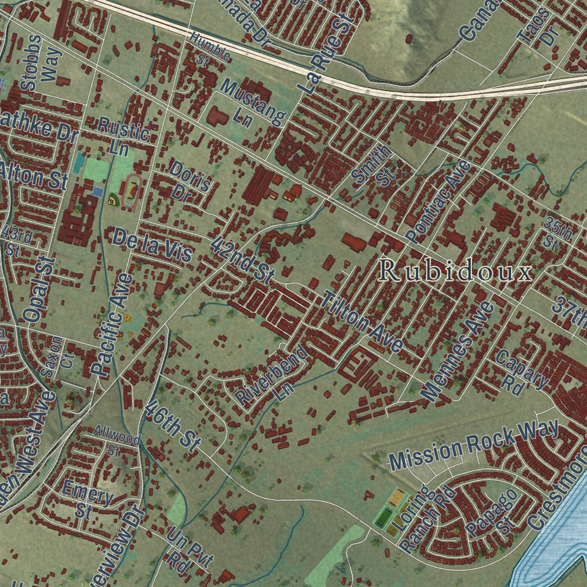 Second close-up of the map of Jurupa Valley, California print showing more streets and buildings