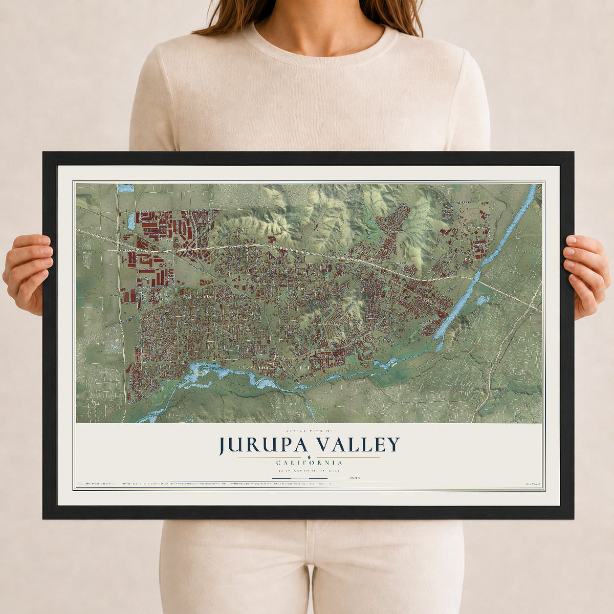 Map of Jurupa Valley, California, 12 x 18 inch print in a black wood frame
