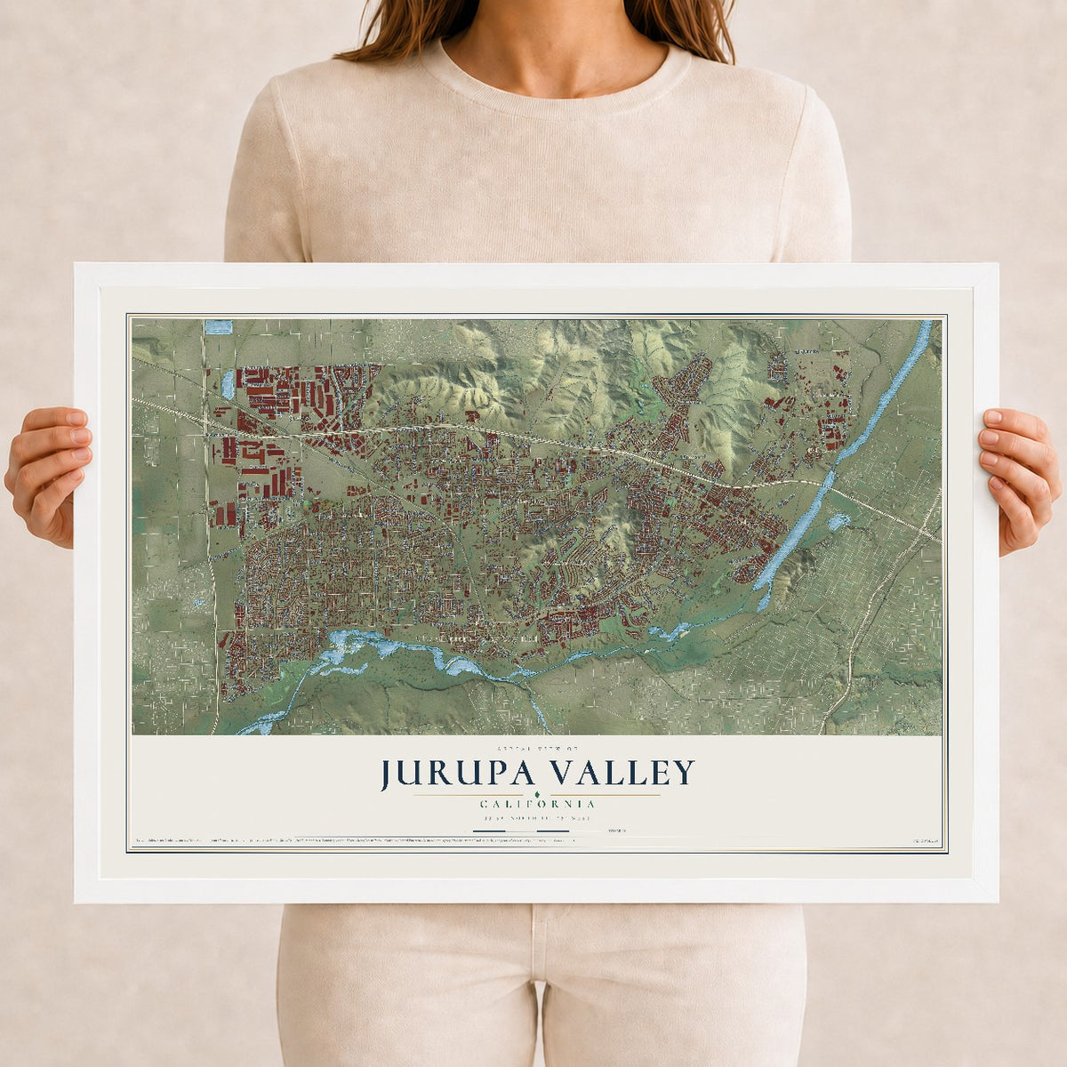 Map of Jurupa Valley, California, 12 x 18 inch print in a white wood frame