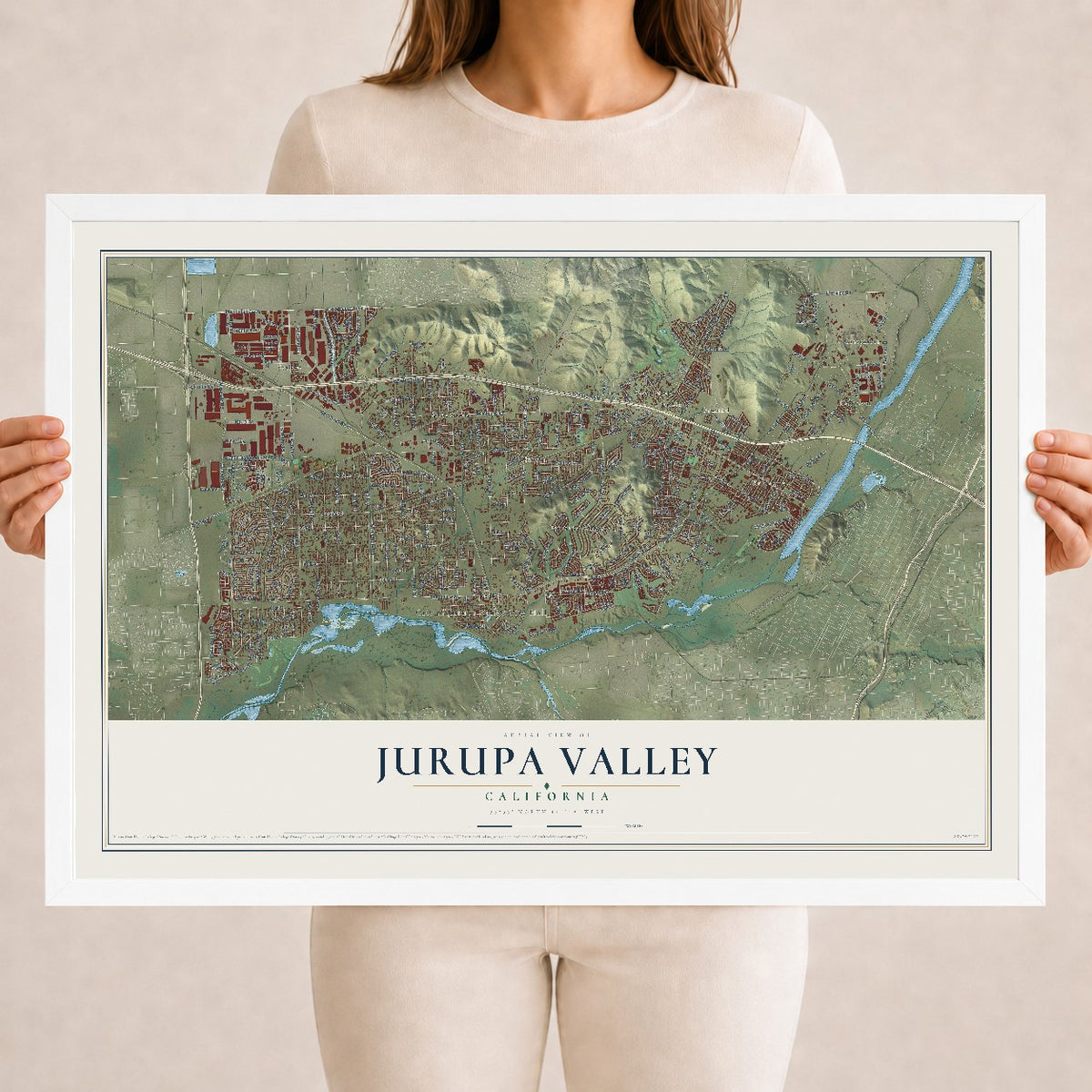 Map of Jurupa Valley, California, 18 x 24 inch print in a white wood frame