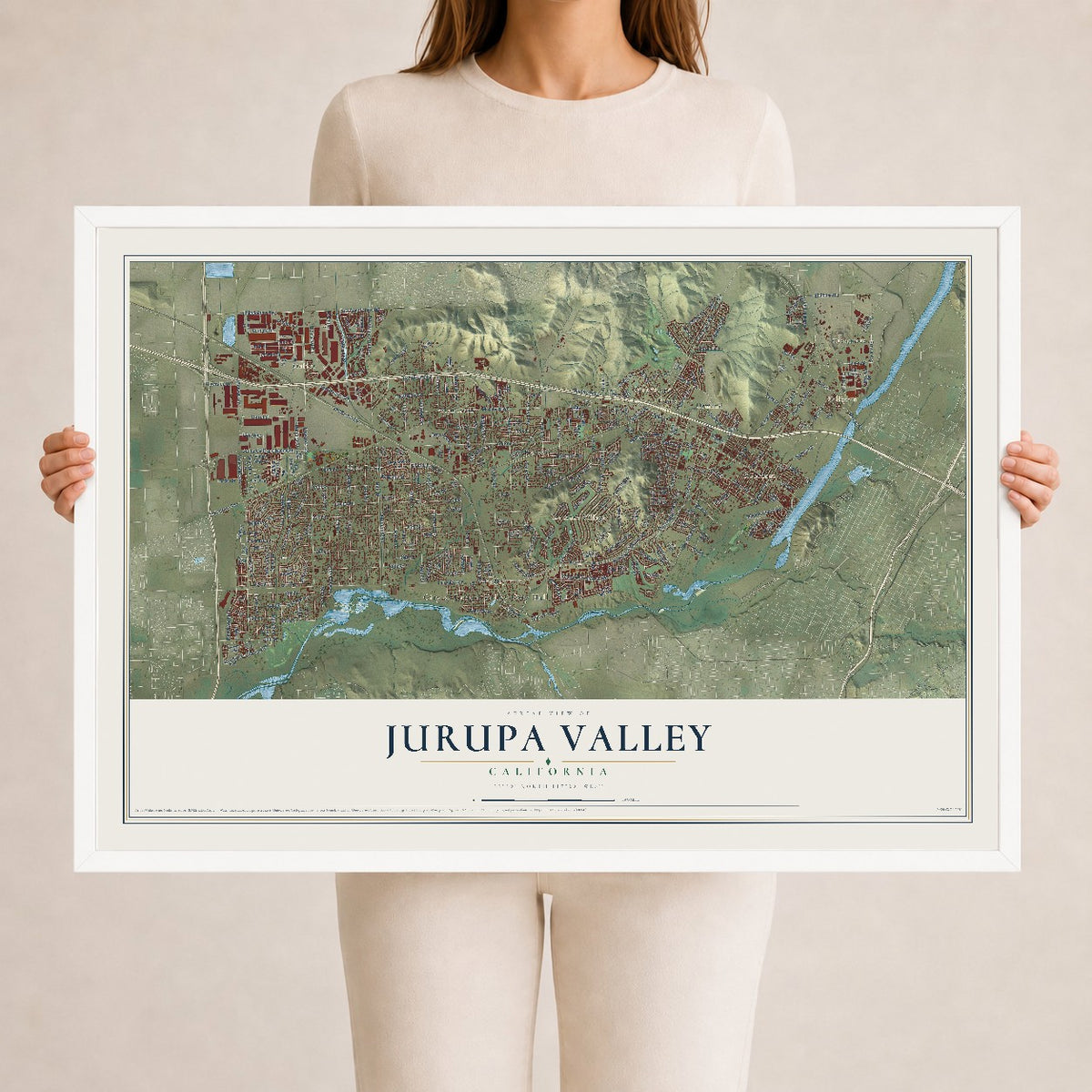 Map of Jurupa Valley, California, 24 x 36 inch print in a white wood frame