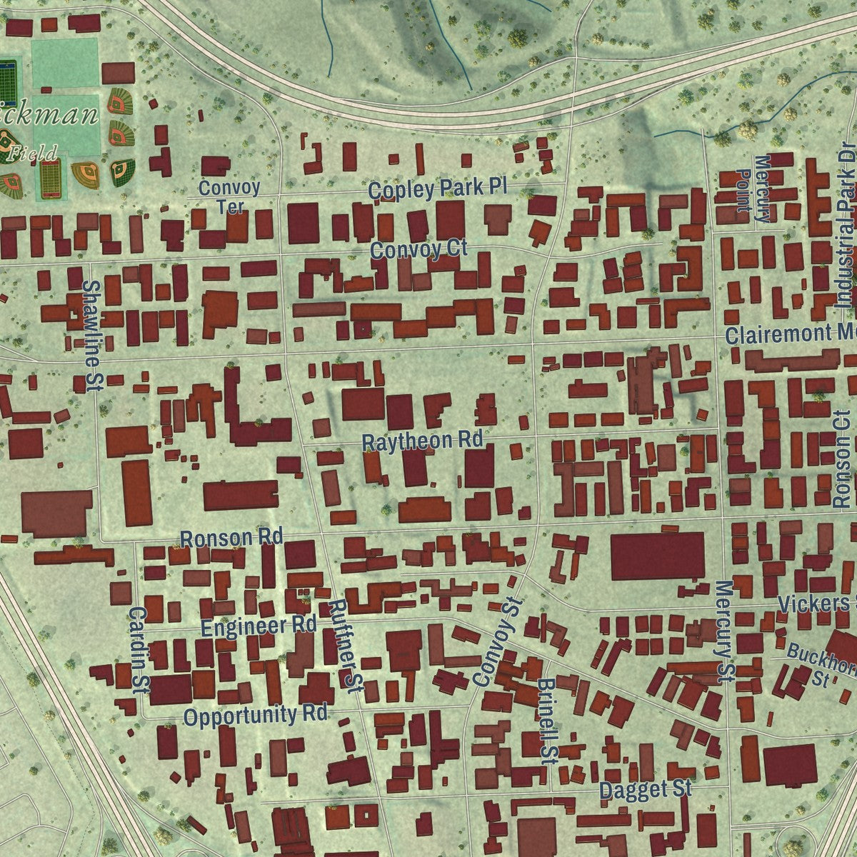 Second close-up of the map of Kearny Mesa, California print showing more streets and buildings