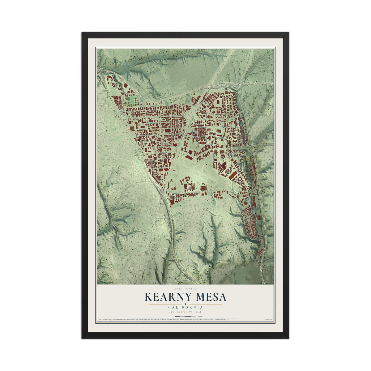 Map of Kearny Mesa, California, 12 x 18 inch print in a black wood frame