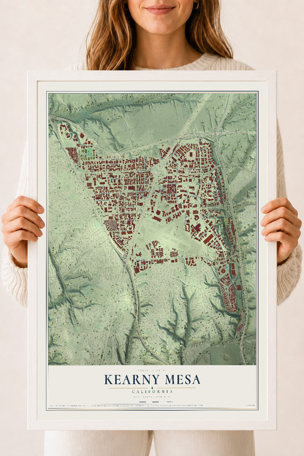 Map of Kearny Mesa, California, 18 x 24 inch print in a white wood frame