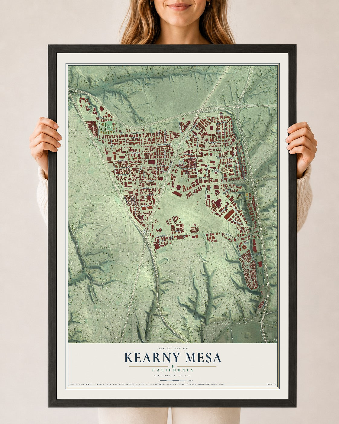 Map of Kearny Mesa, California, 24 x 36 inch print in a black wood frame