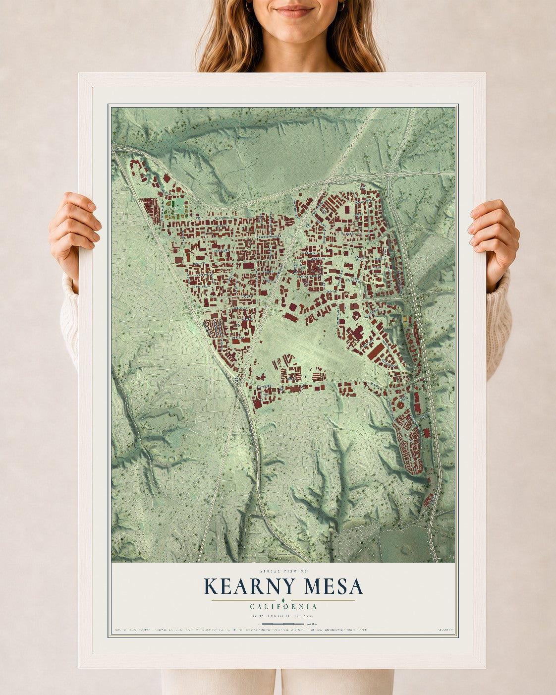 Map of Kearny Mesa, California, 24 x 36 inch print in a white wood frame