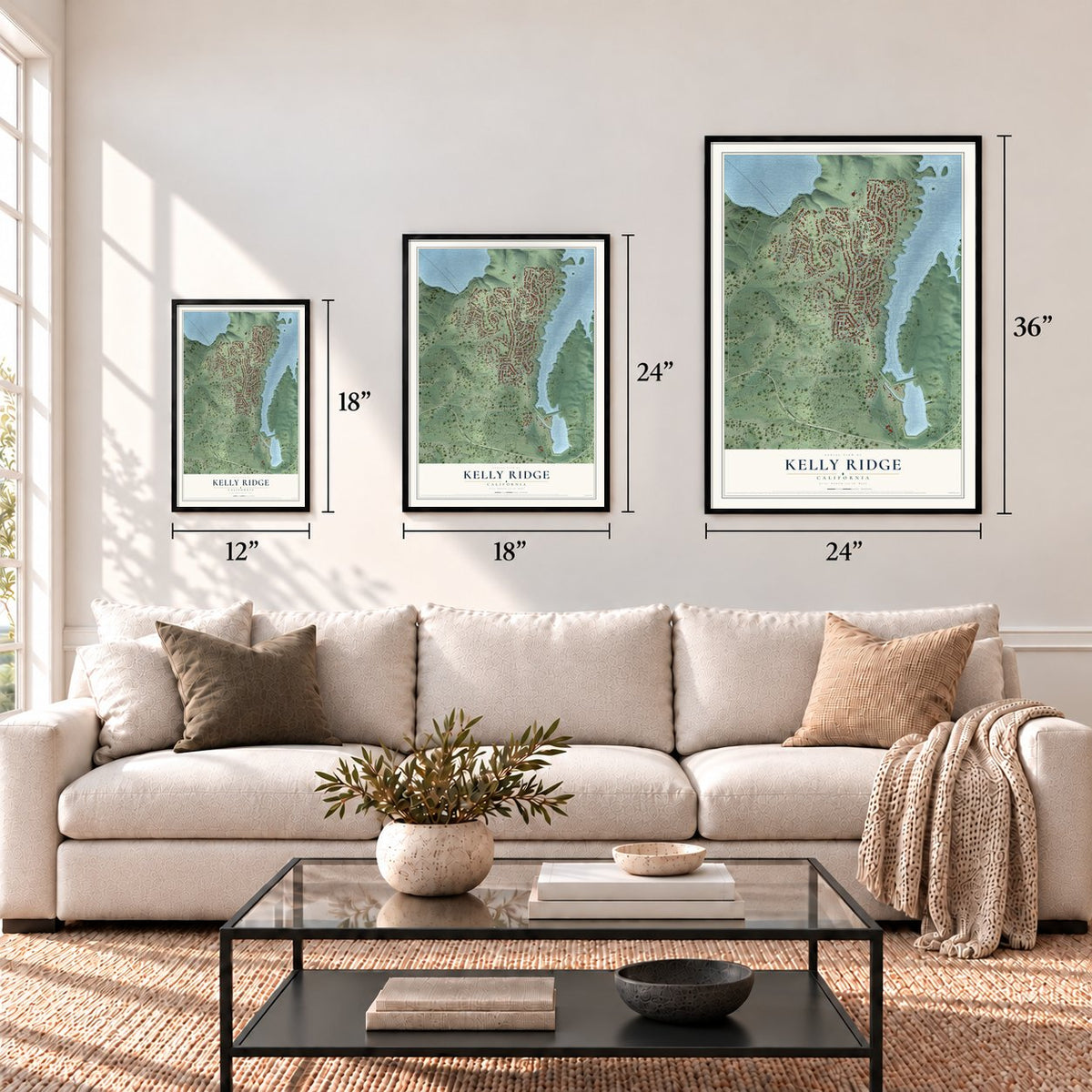 Kelly Ridge, California map in 12 x 18, 18 x 24 and 24 x 36 inch sizes above a sofa