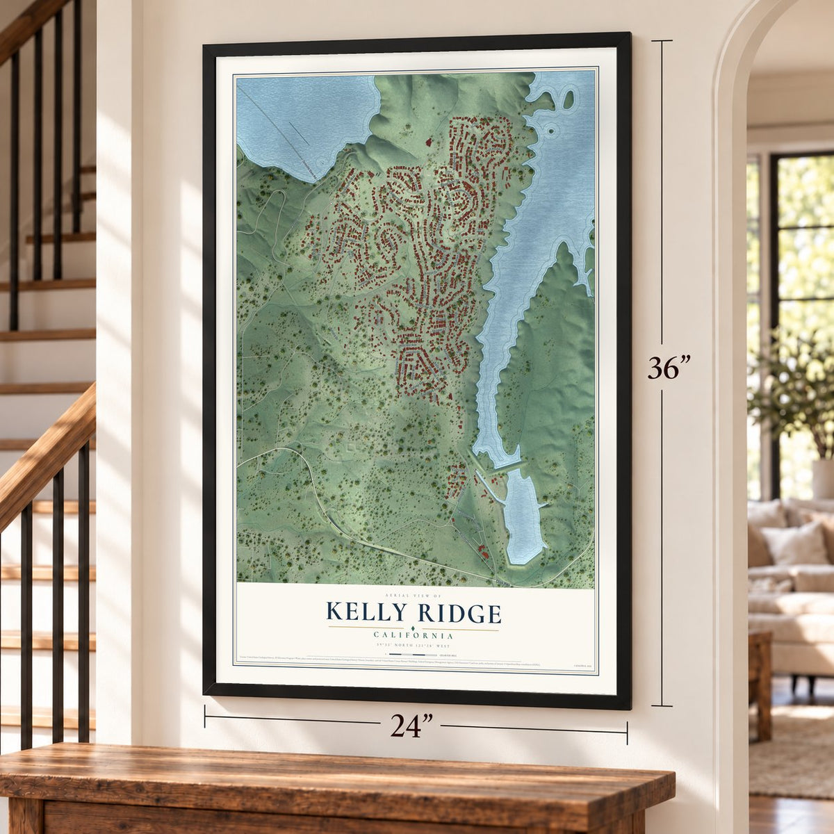 Kelly Ridge, California map, 24 x 36 inch print in a black frame by a staircase