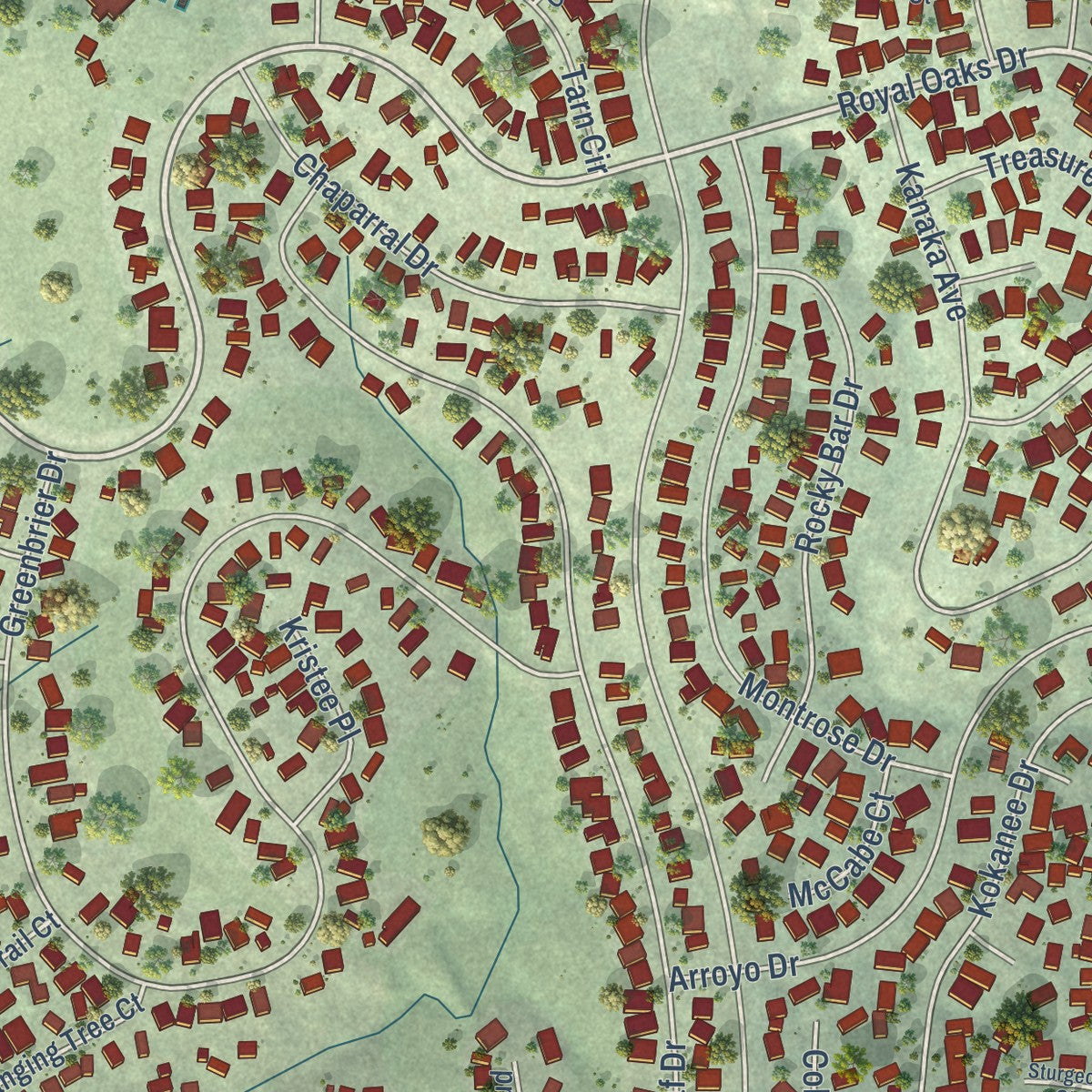 Close-up of the map of Kelly Ridge, California print showing street and building detail