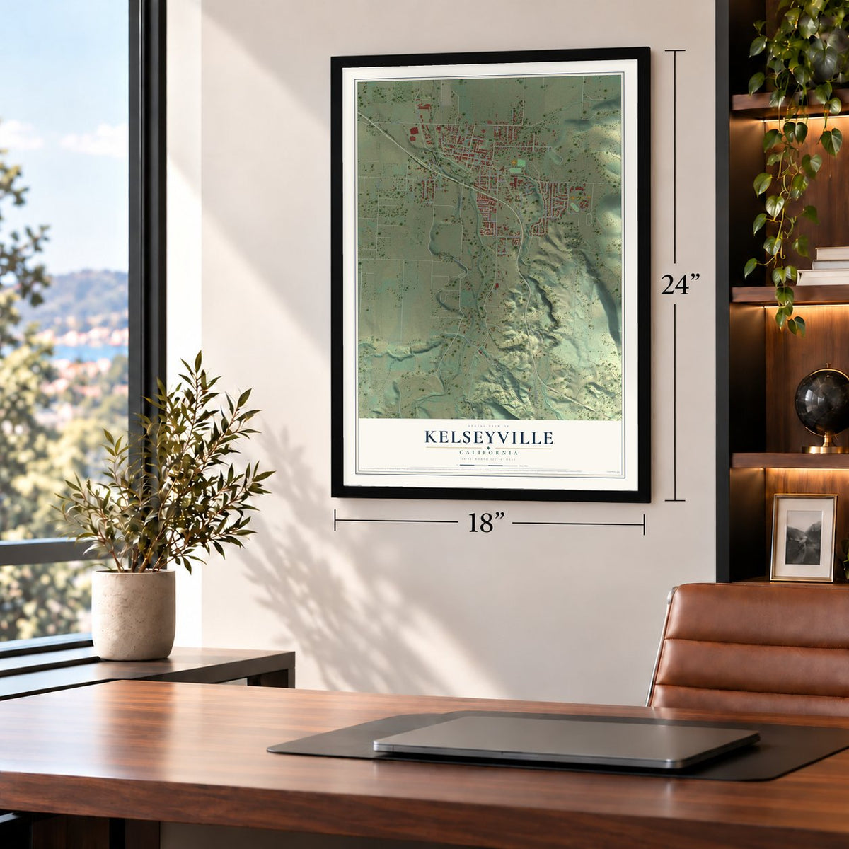 Kelseyville, California map, 18 x 24 inch print in a black frame in a home office