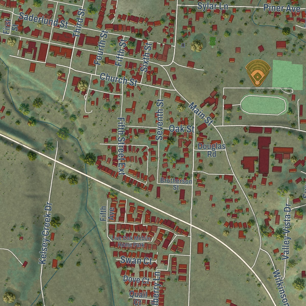 Close-up of the map of Kelseyville, California print showing street and building detail