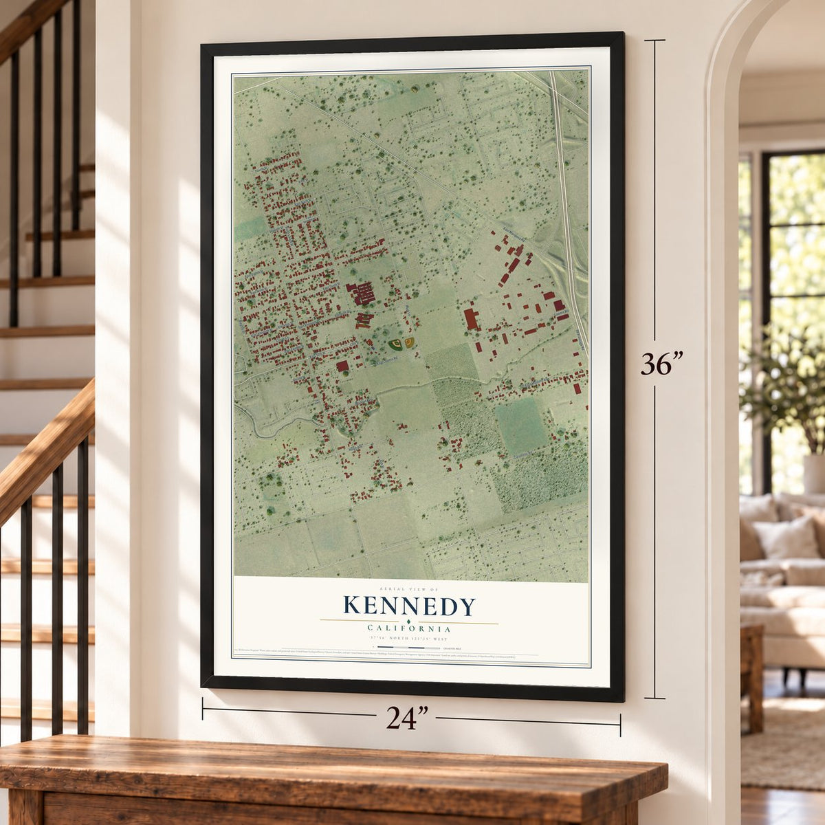 Kennedy, California map, 24 x 36 inch print in a black frame by a staircase