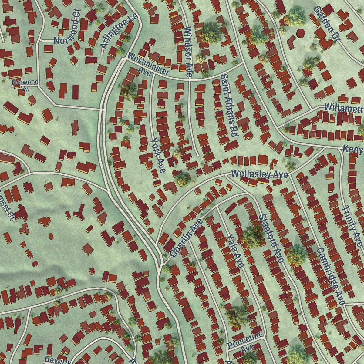 Close-up of the map of Kensington, California print showing street and building detail