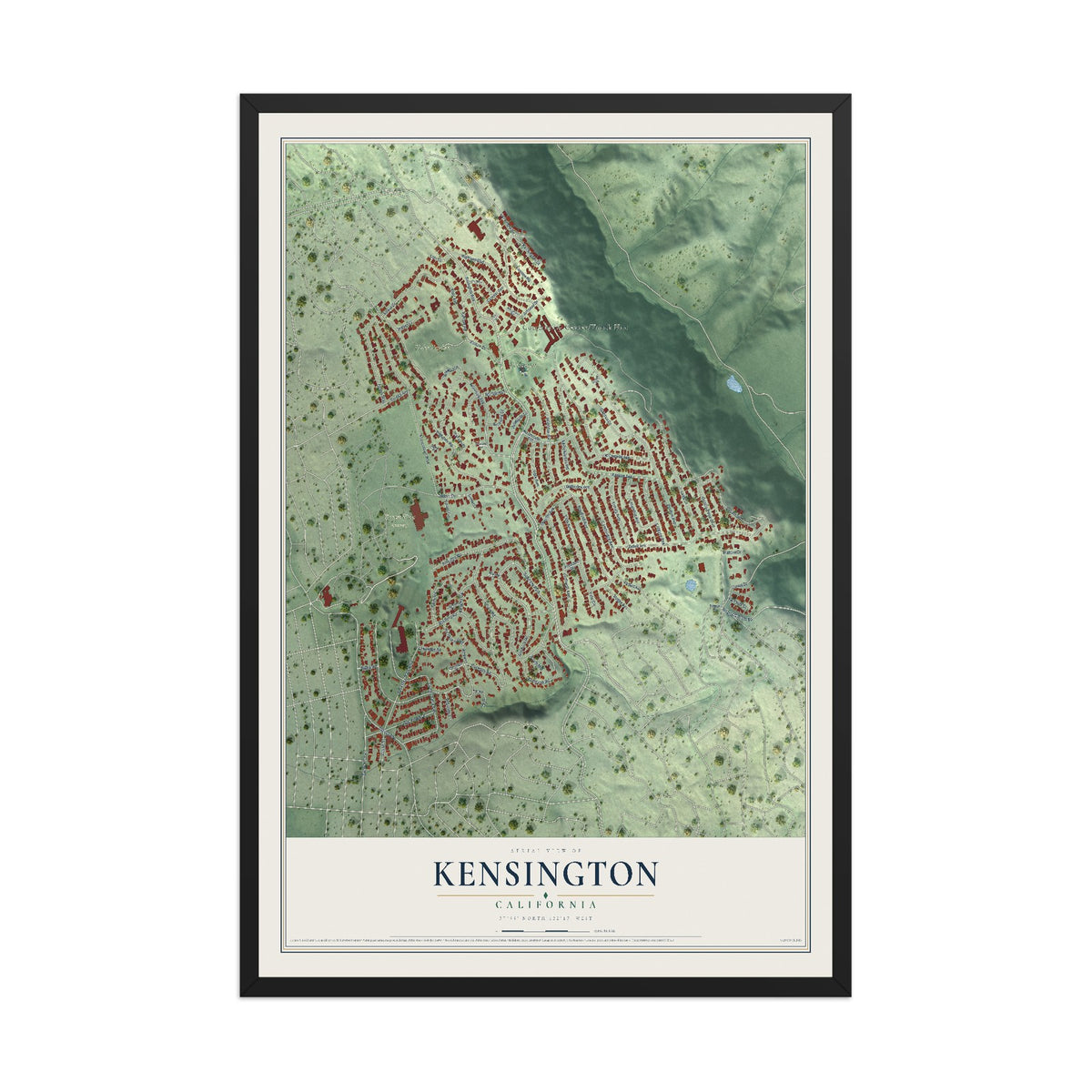 Map of Kensington, California, 12 x 18 inch print in a black wood frame