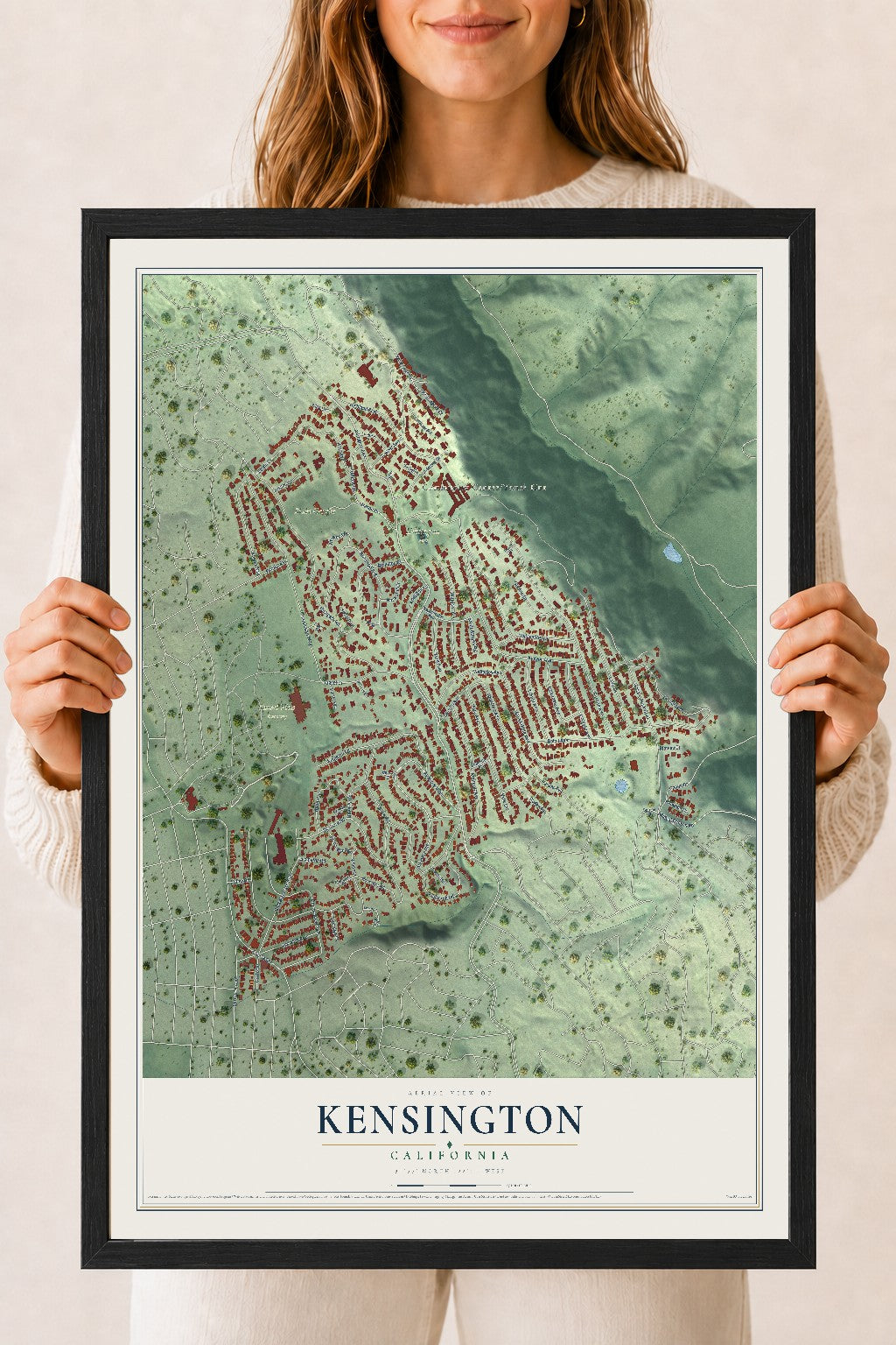 Map of Kensington, California, 18 x 24 inch print in a black wood frame