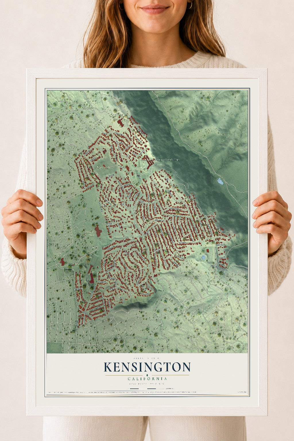 Map of Kensington, California, 18 x 24 inch print in a white wood frame