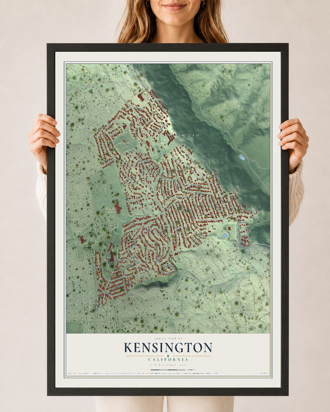 Map of Kensington, California, 24 x 36 inch print in a black wood frame