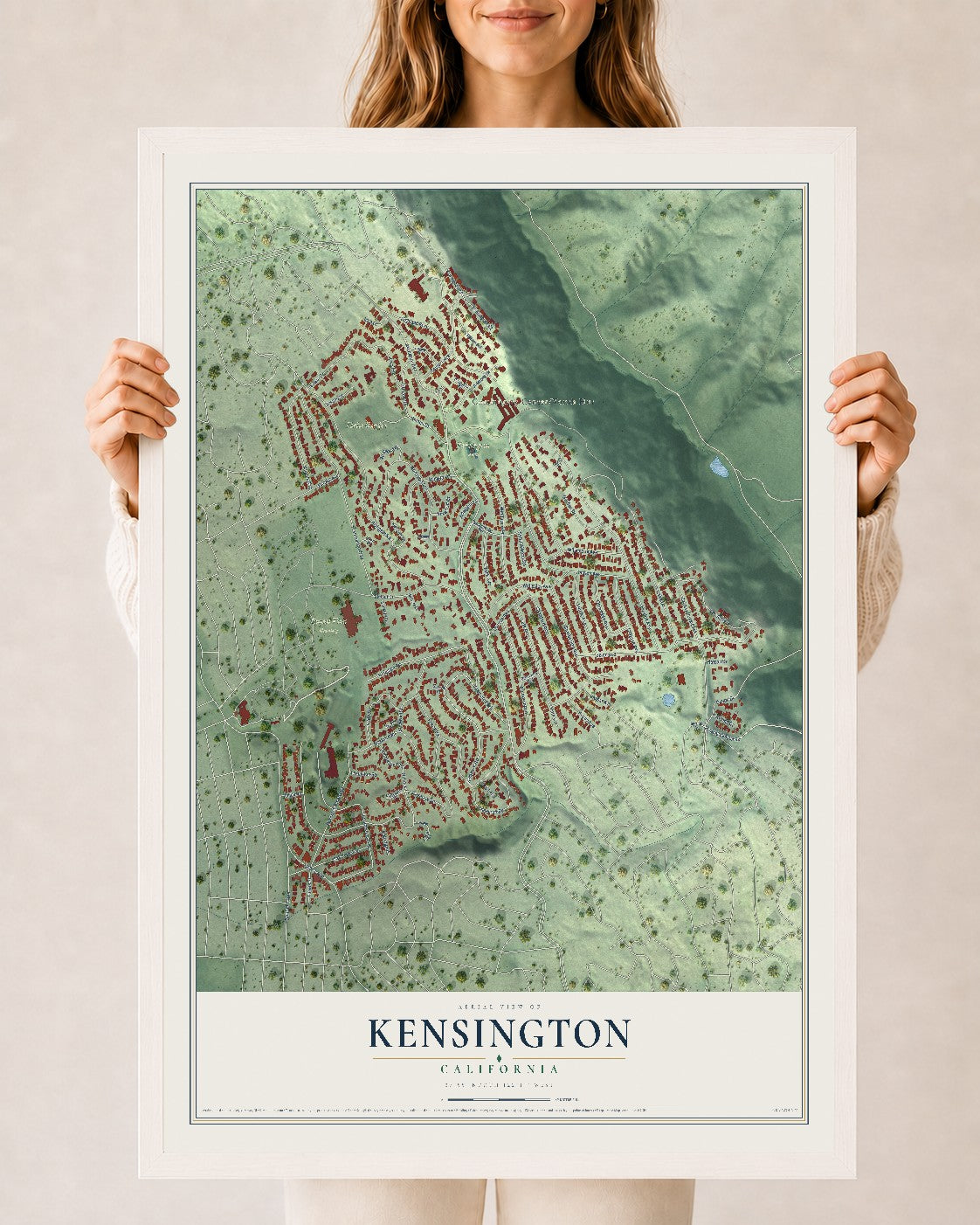 Map of Kensington, California, 24 x 36 inch print in a white wood frame