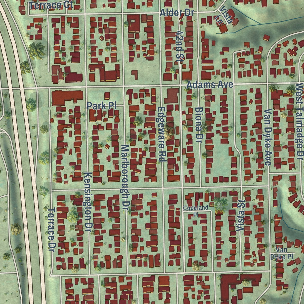 Close-up of the map of Kensington-Talmadge, California print showing street and building detail