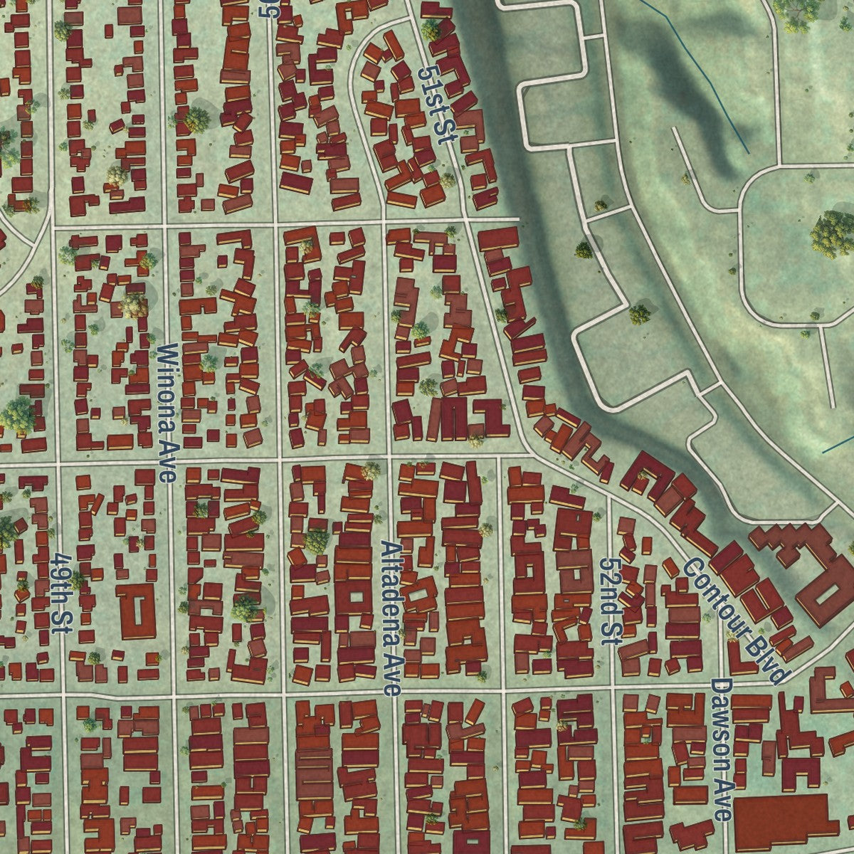Second close-up of the map of Kensington-Talmadge, California print showing more streets and buildings