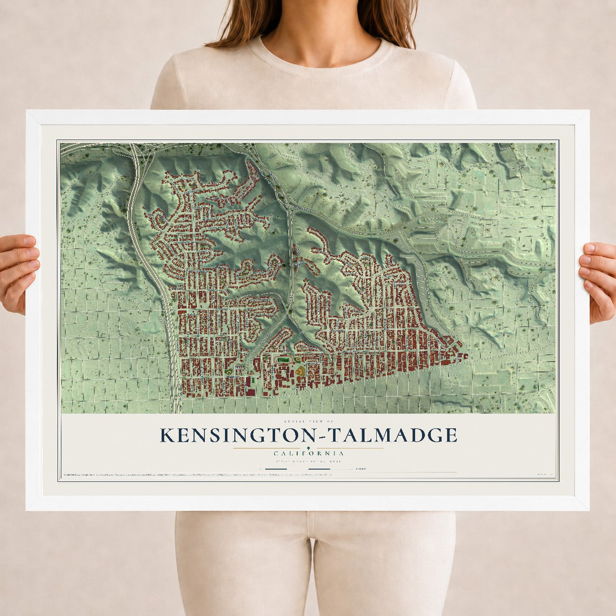Map of Kensington-Talmadge, California, 18 x 24 inch print in a white wood frame