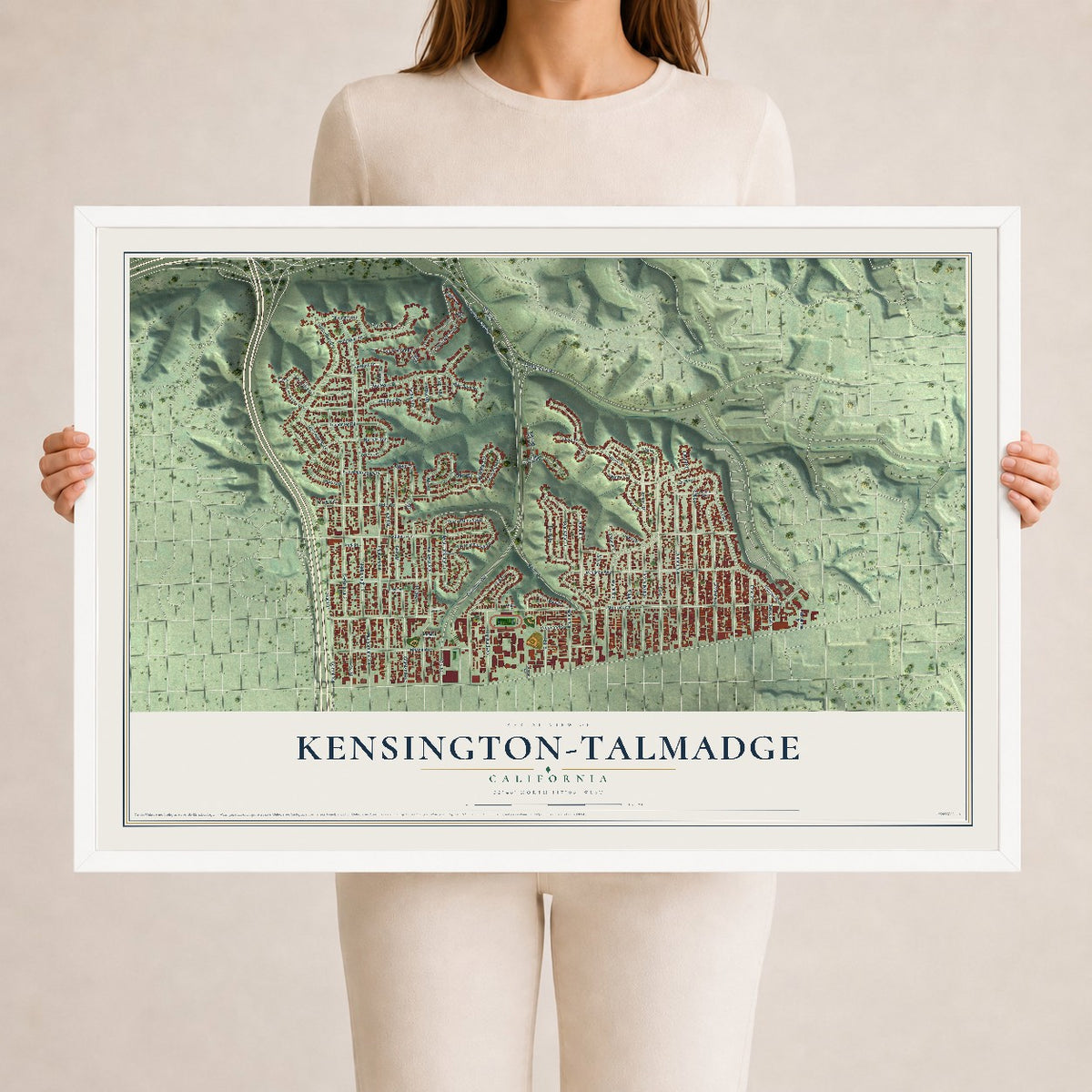 Map of Kensington-Talmadge, California, 24 x 36 inch print in a white wood frame