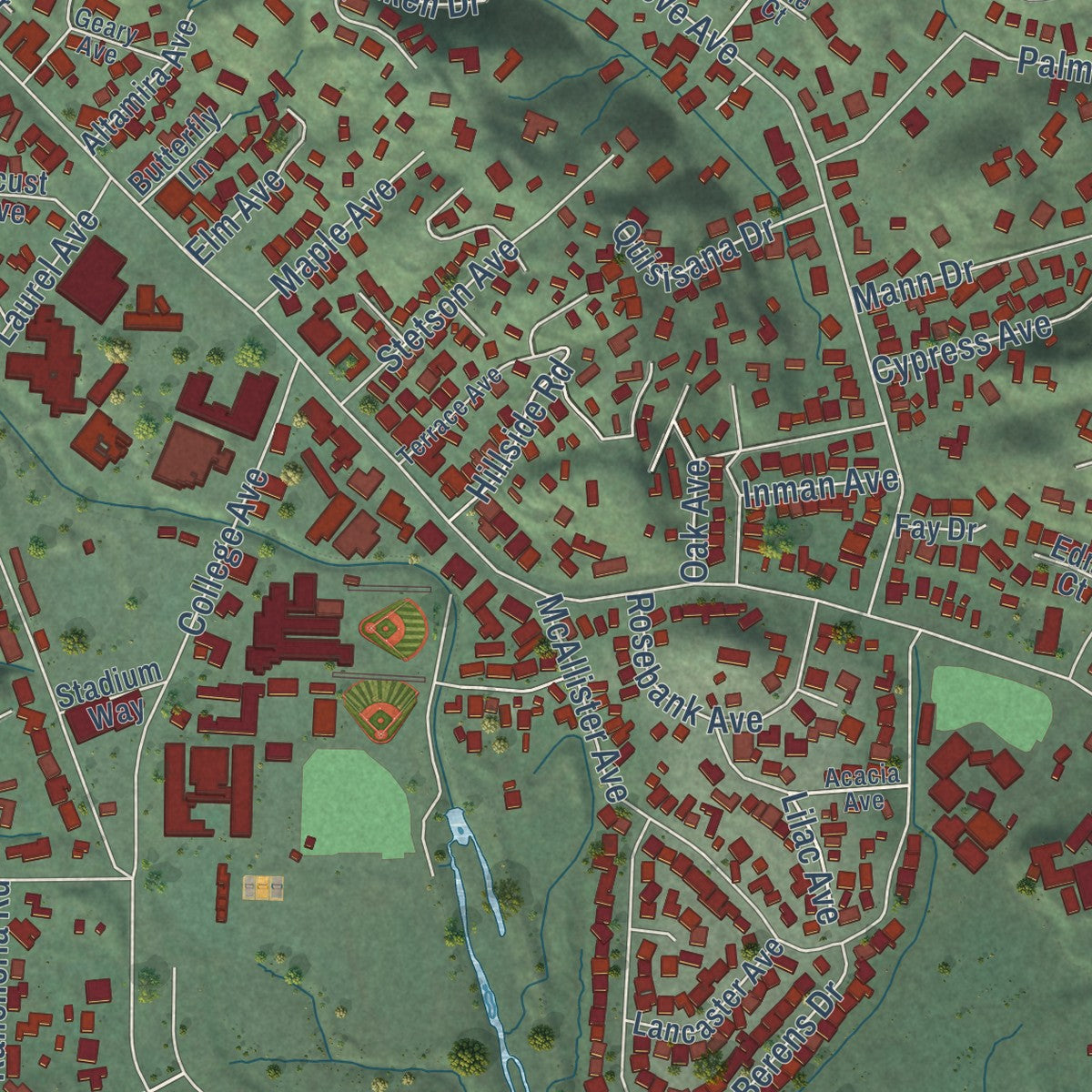Close-up of the map of Kentfield, California print showing street and building detail