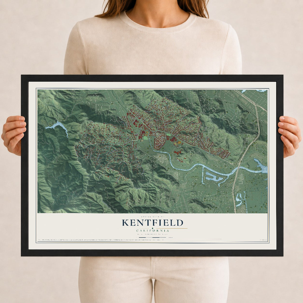 Map of Kentfield, California, 12 x 18 inch print in a black wood frame