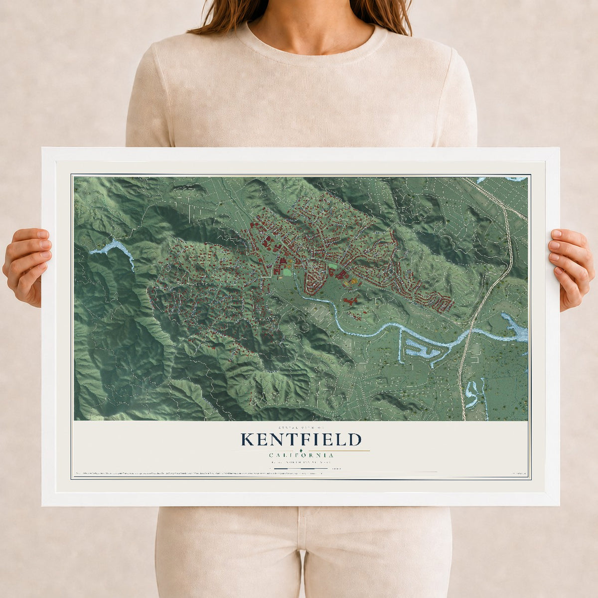 Map of Kentfield, California, 12 x 18 inch print in a white wood frame