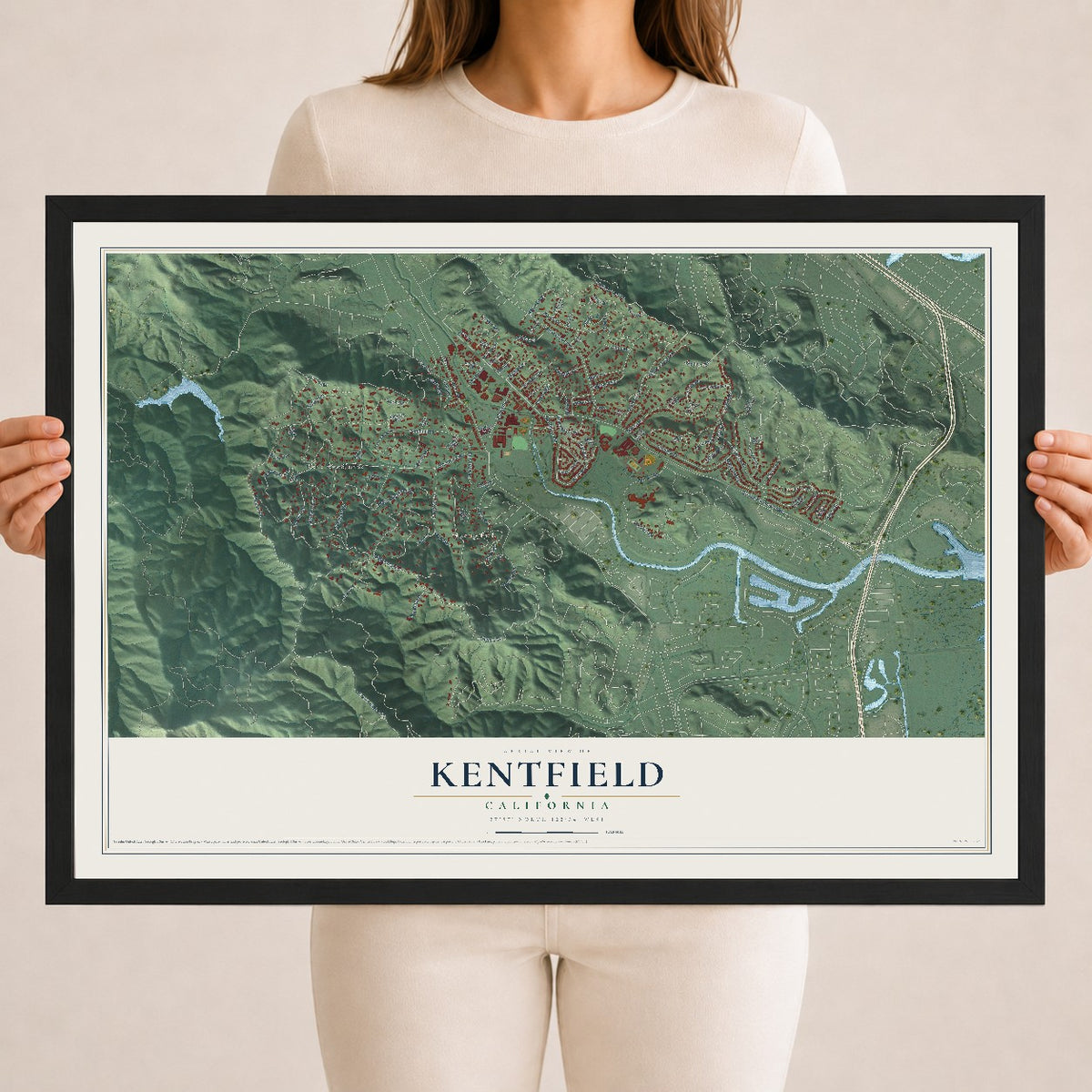 Map of Kentfield, California, 18 x 24 inch print in a black wood frame