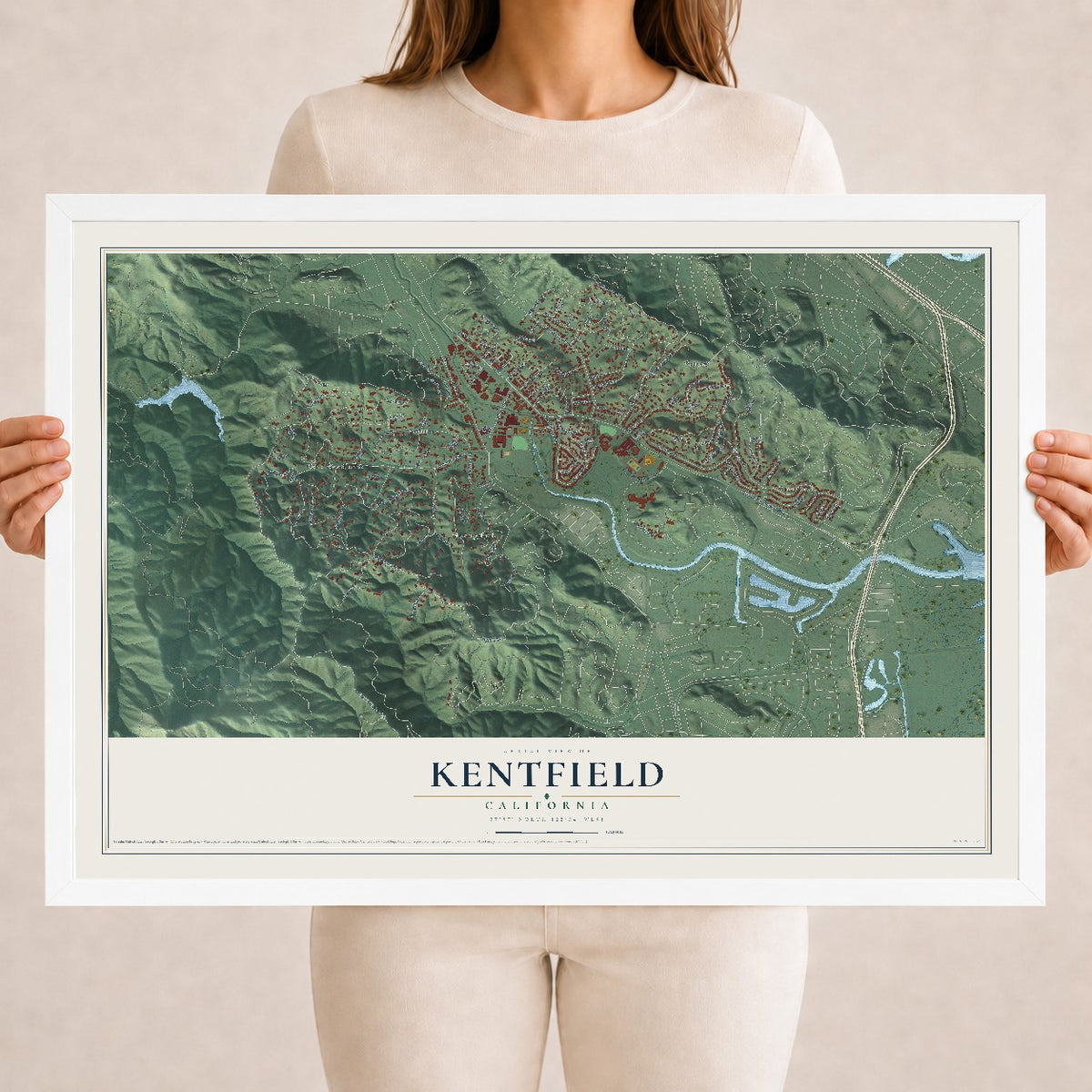 Map of Kentfield, California, 18 x 24 inch print in a white wood frame
