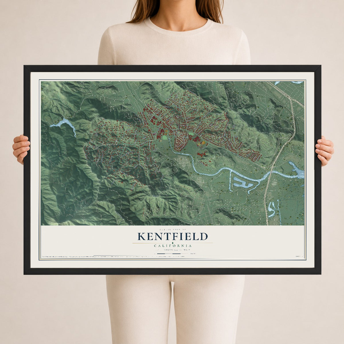 Map of Kentfield, California, 24 x 36 inch print in a black wood frame