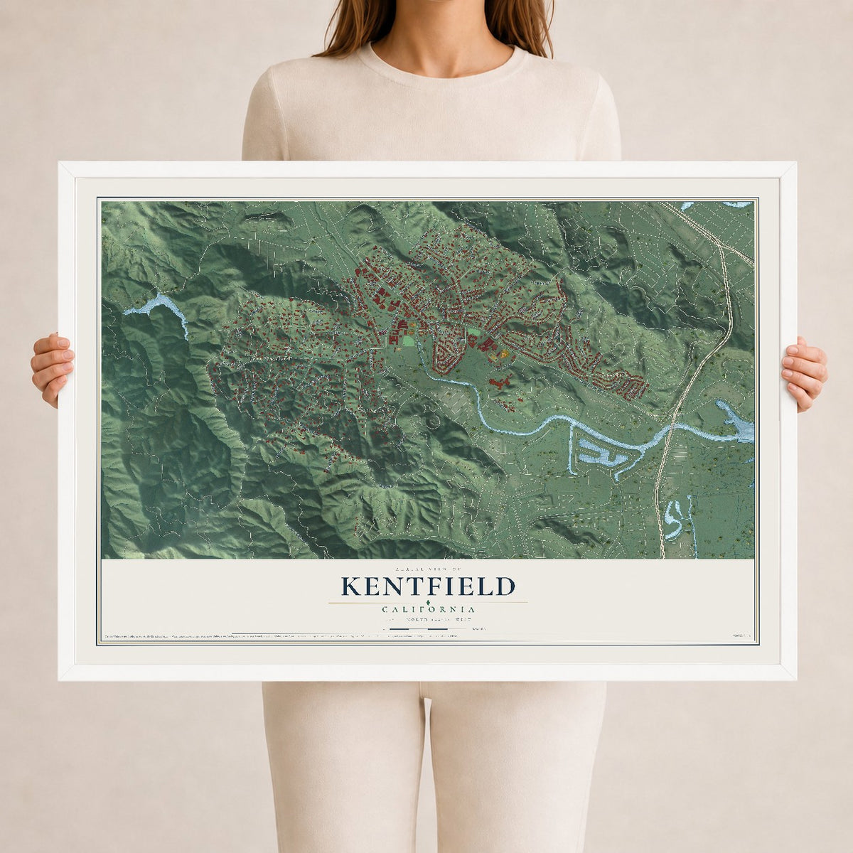Map of Kentfield, California, 24 x 36 inch print in a white wood frame