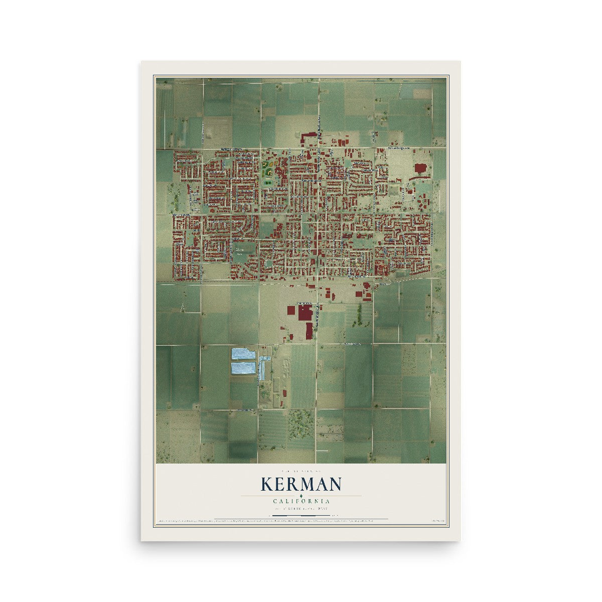 Map of Kerman, California, 12 x 18 inch unframed archival matte print