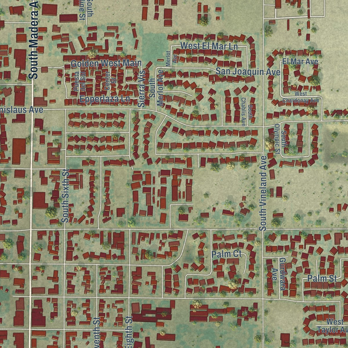 Close-up of the map of Kerman, California print showing street and building detail