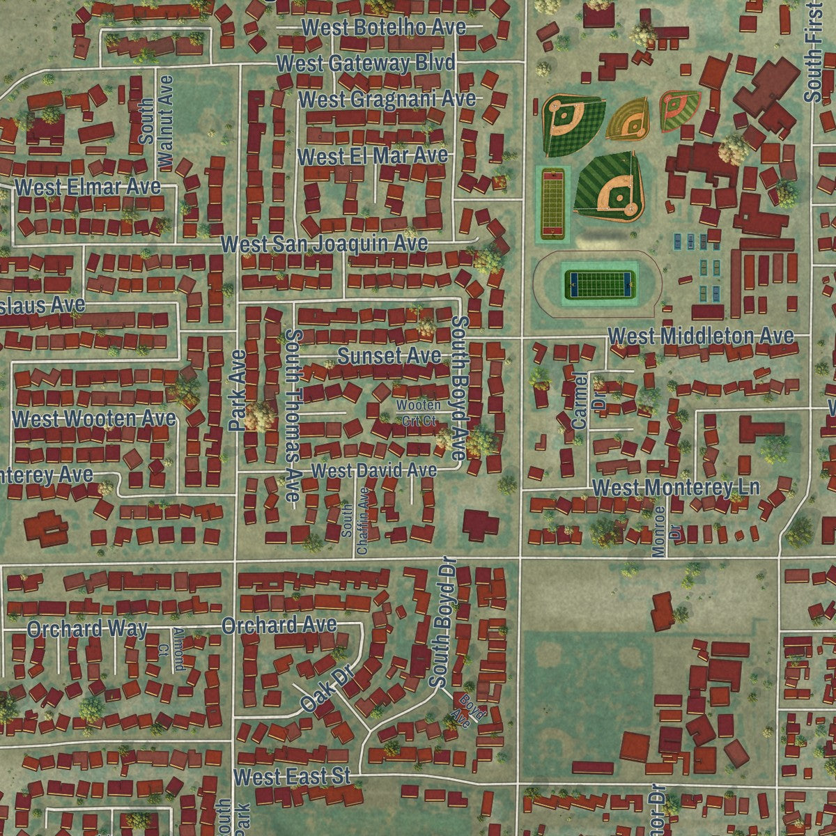 Second close-up of the map of Kerman, California print showing more streets and buildings