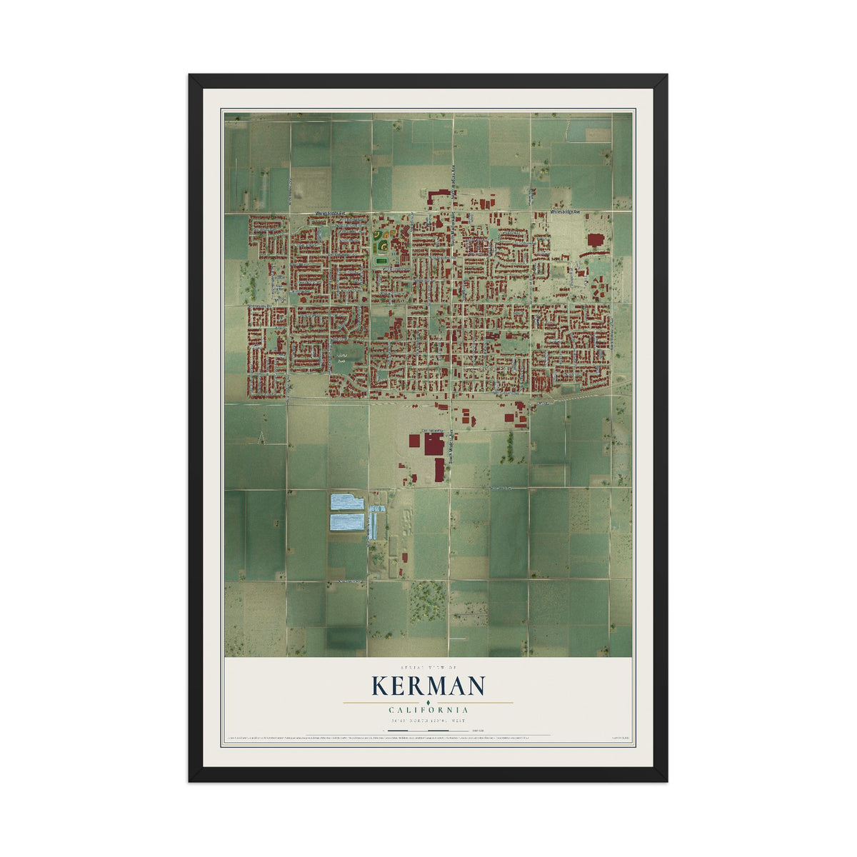 Map of Kerman, California, 12 x 18 inch print in a black wood frame