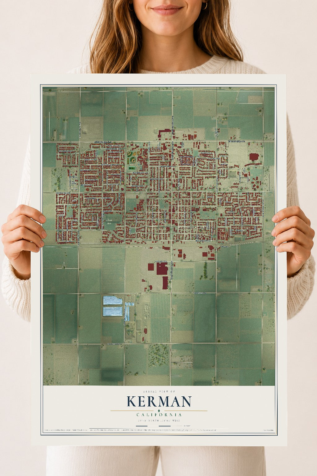 Map of Kerman, California, 18 x 24 inch unframed archival matte print