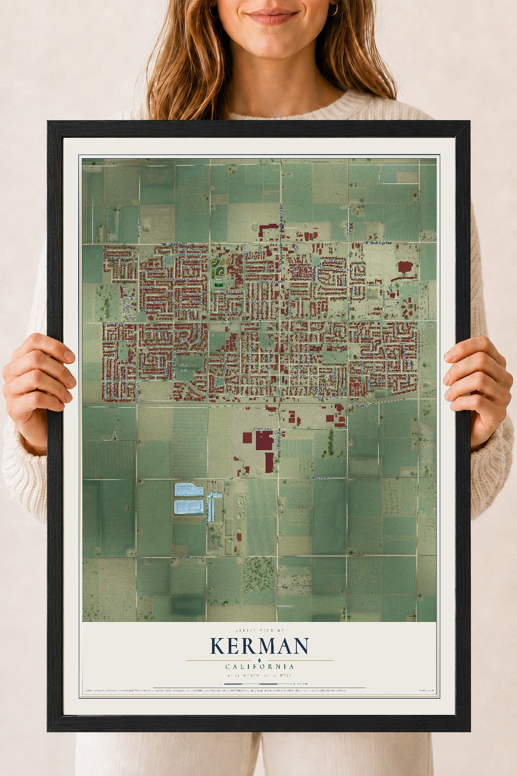 Map of Kerman, California, 18 x 24 inch print in a black wood frame