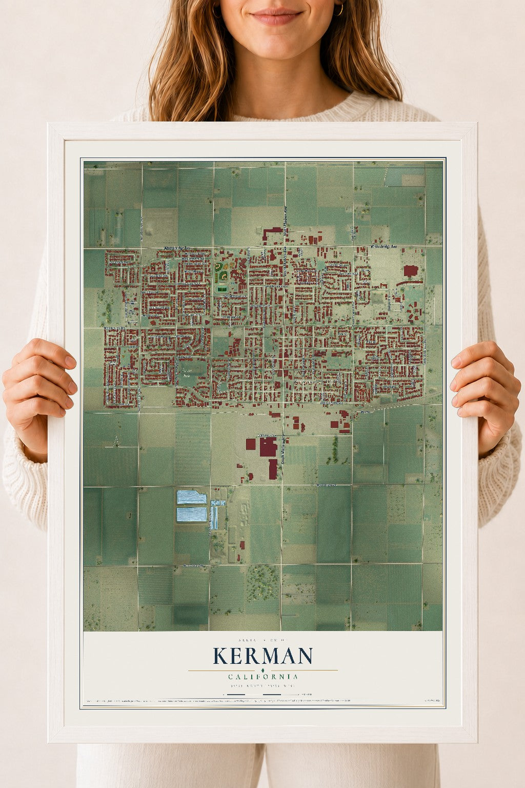 Map of Kerman, California, 18 x 24 inch print in a white wood frame