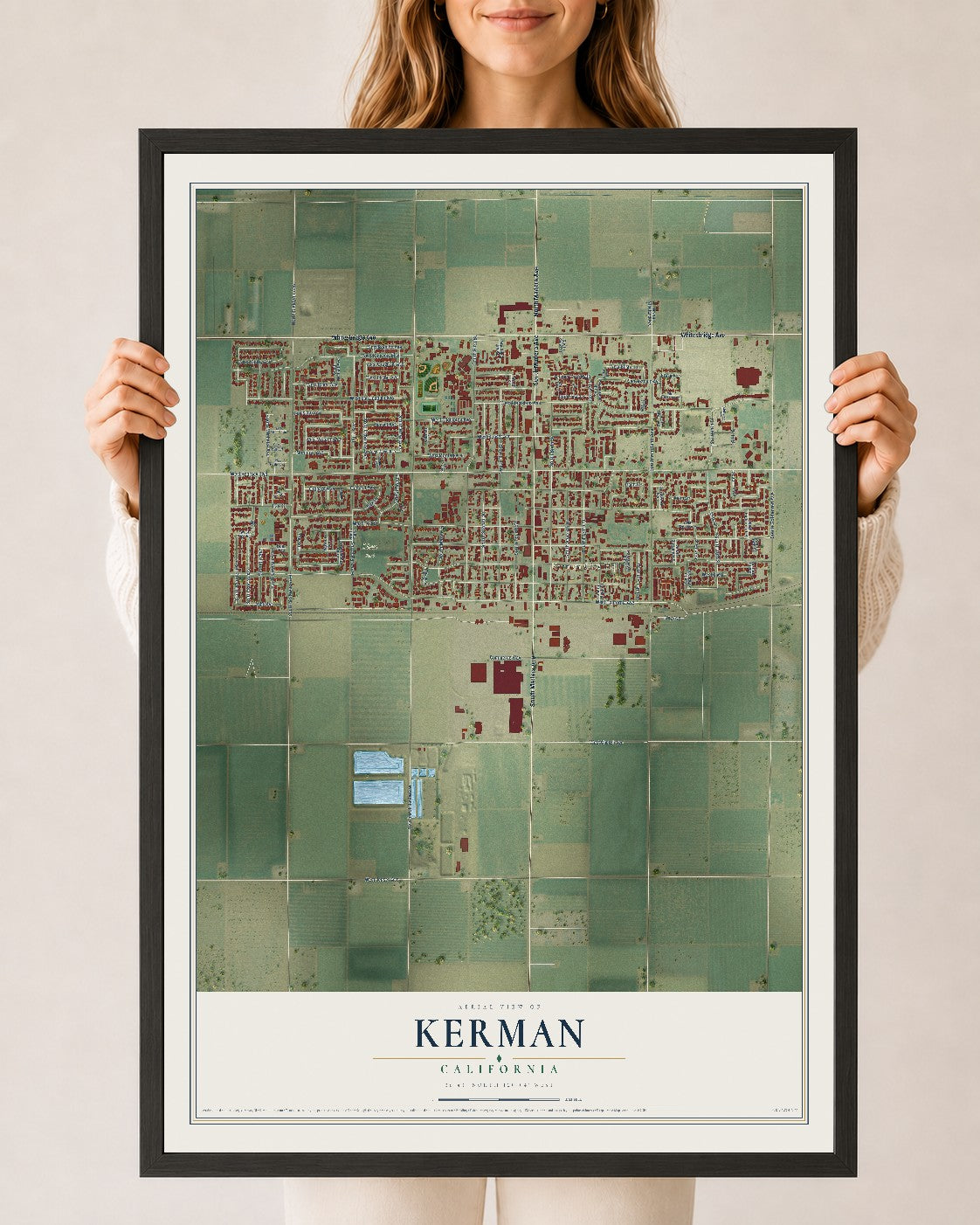 Map of Kerman, California, 24 x 36 inch print in a black wood frame