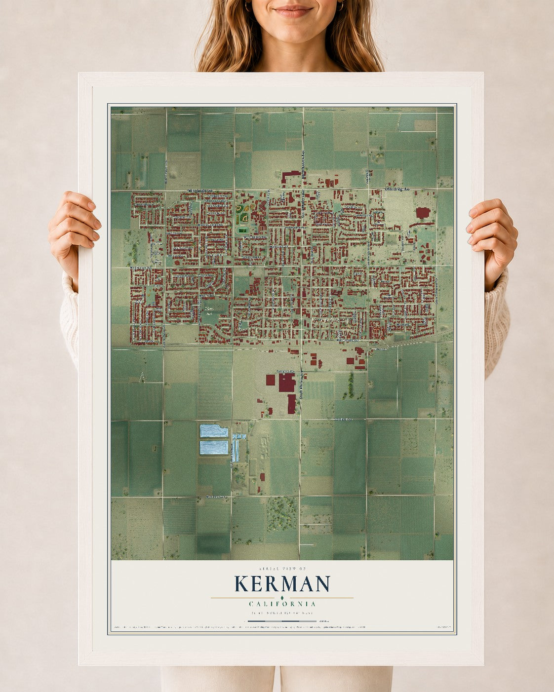 Map of Kerman, California, 24 x 36 inch print in a white wood frame