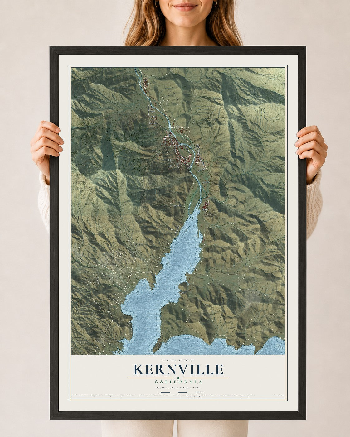 Map of Kernville, California, 24 x 36 inch print in a black wood frame