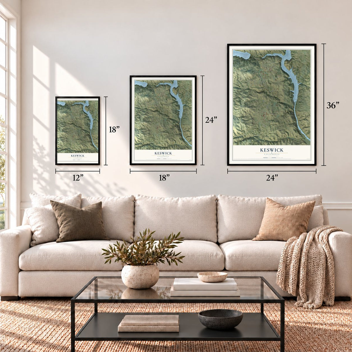 Keswick, California map in 12 x 18, 18 x 24 and 24 x 36 inch sizes above a sofa