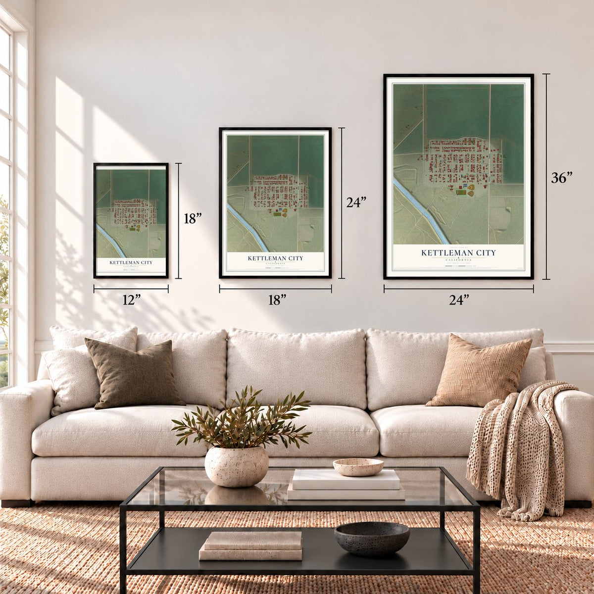 Kettleman City, California map in 12 x 18, 18 x 24 and 24 x 36 inch sizes above a sofa