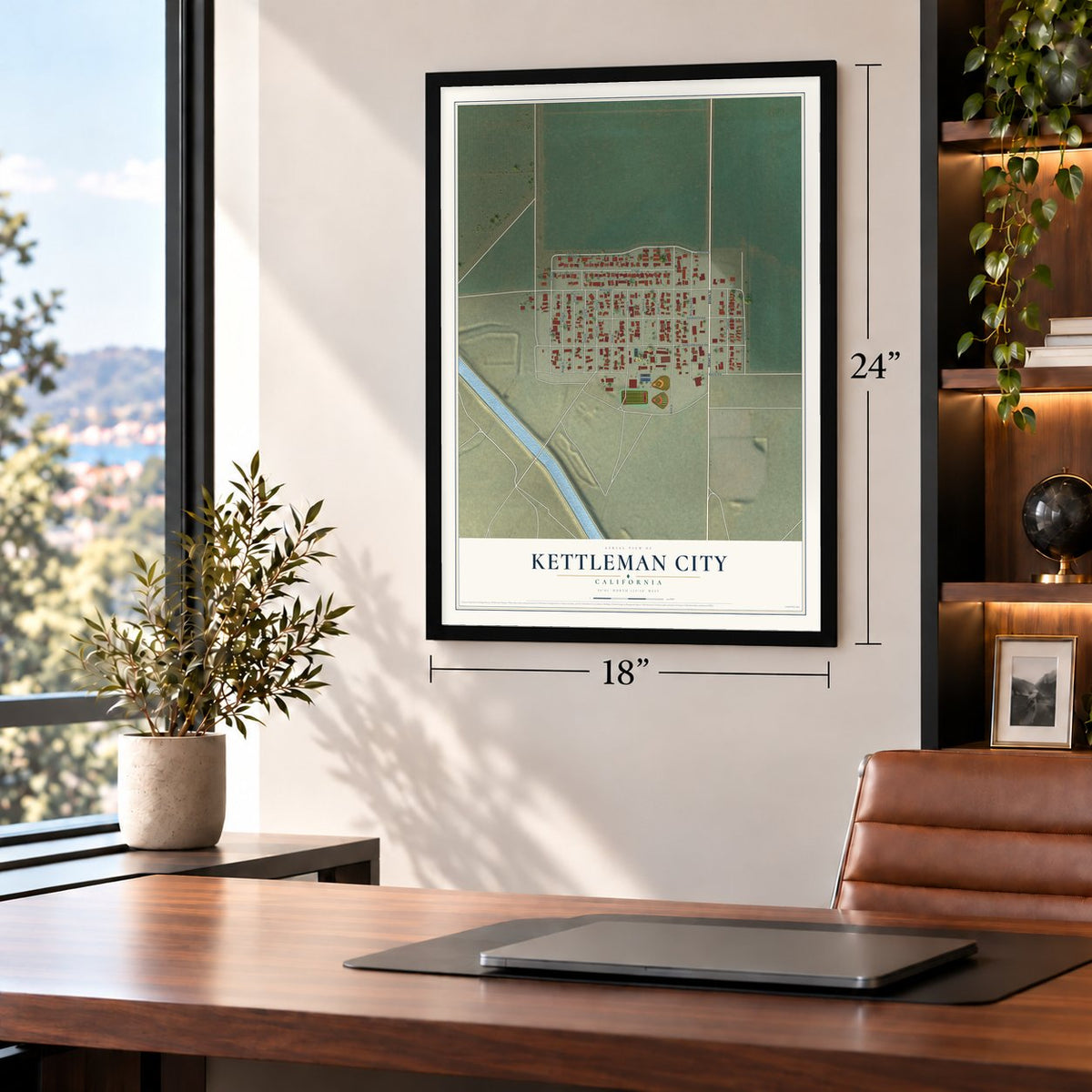 Kettleman City, California map, 18 x 24 inch print in a black frame in a home office